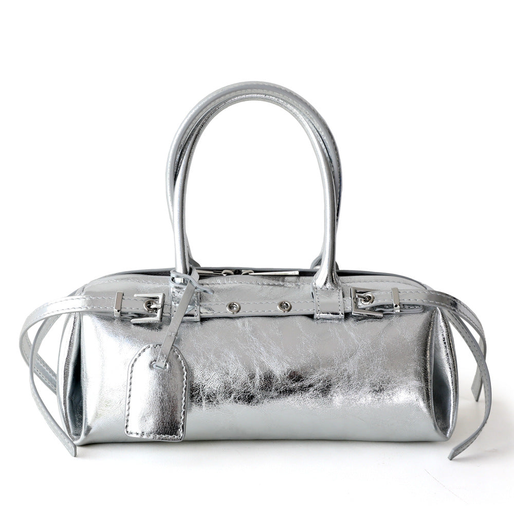Sac à main femme en cuir de vachette tanné végétal – Sac baguette, coloris argent, vue frontale