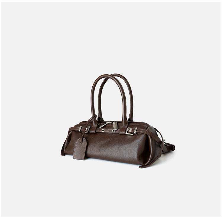 Sac à main femme en cuir de vachette tanné végétal – Sac baguette, coloris café, vue latéral