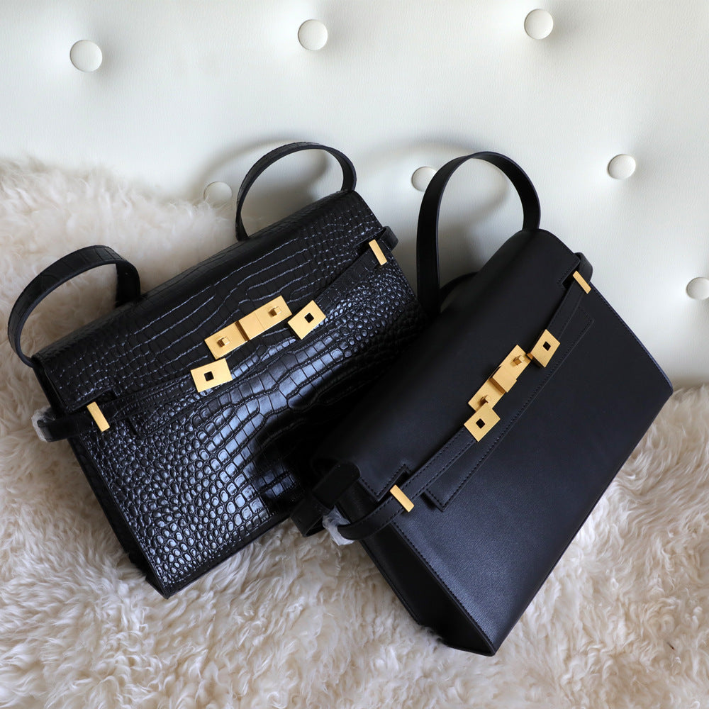 Sac à main femme en cuir véritable, sac Kelly, taille grands, coloris noir, motif crocodile, vue latéral