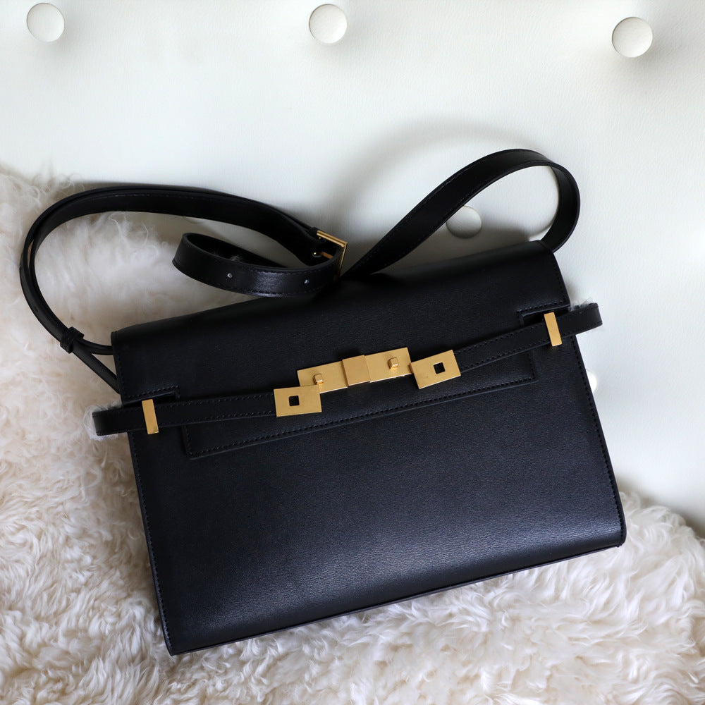 Sac à main femme en cuir véritable, sac Kelly, taille grands, coloris noir, vue frontale