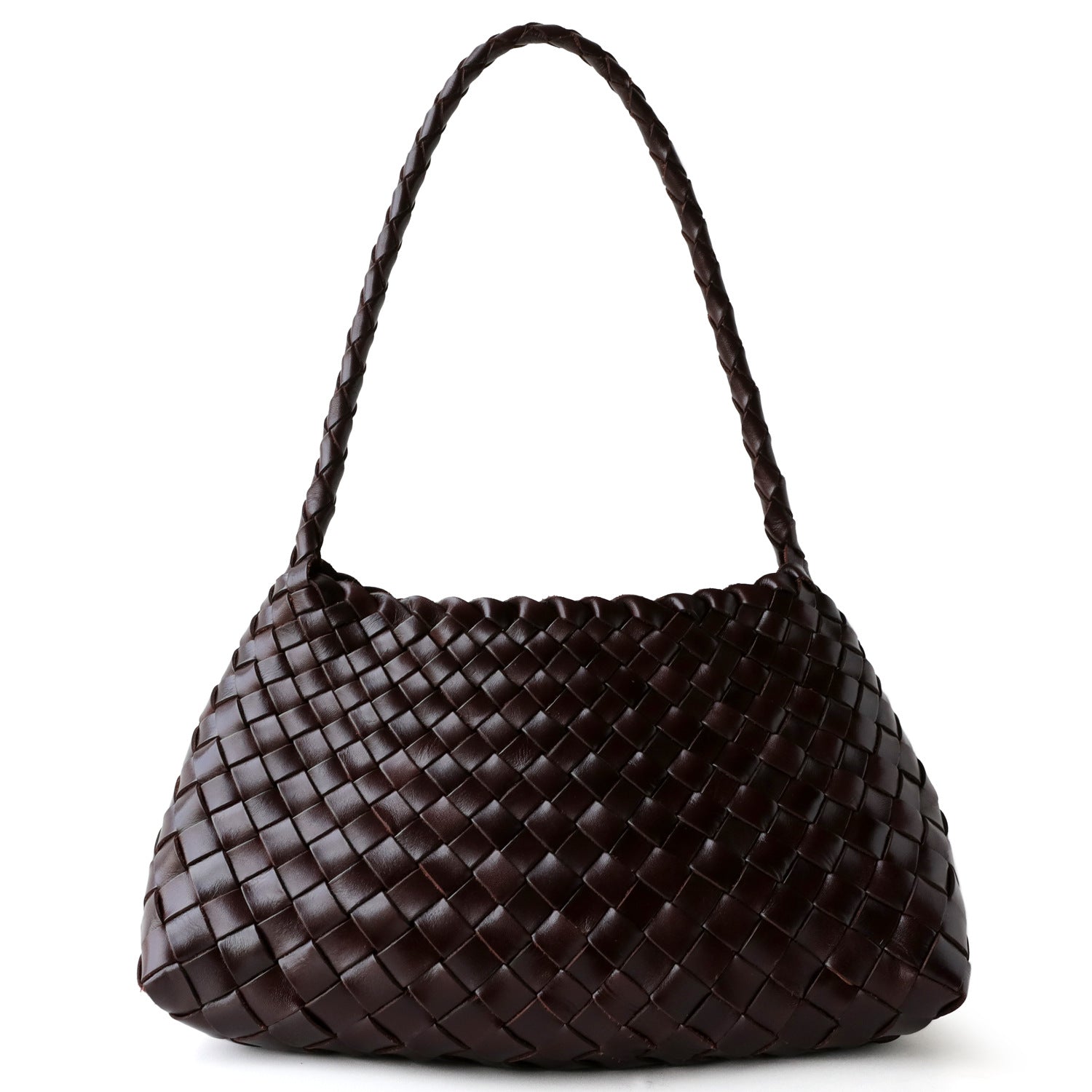 Sac à main femme en cuir véritable, sac en cuir tressé pleine fleur, coloris marron foncé – design élégant vue frontale