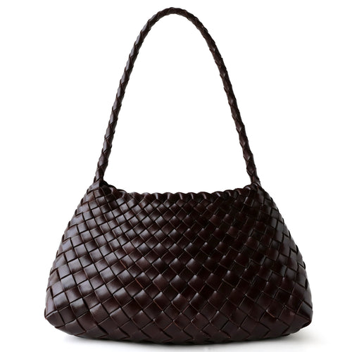 Sac à main femme en cuir véritable, sac en cuir tressé pleine fleur, coloris marron foncé – design élégant vue frontale