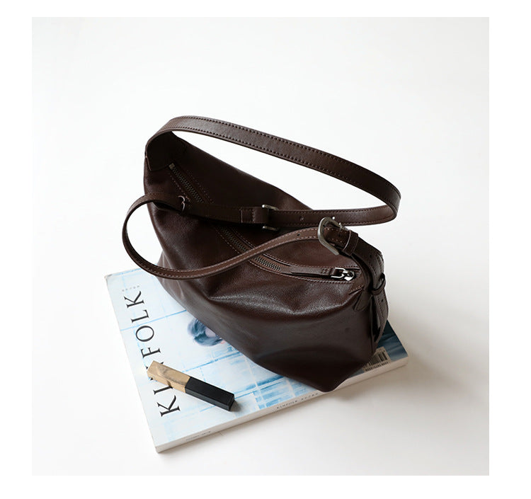 Sac à main simple en cuir tanné végétal, coloris café, vue de ciel