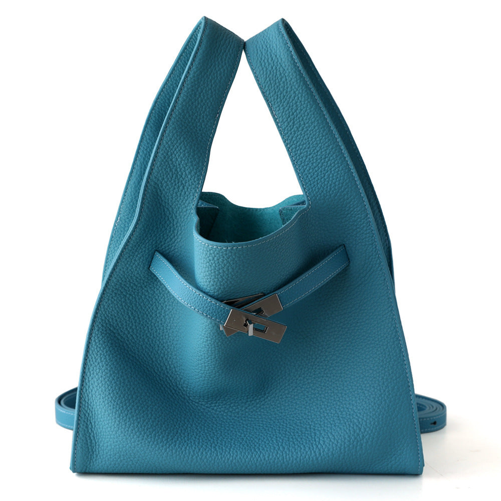 Sac panier en cuir de vachette, coloris bleu , vue frontale