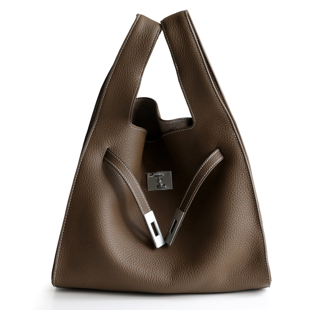 Sac panier en cuir de vachette, coloris café , vue frontale
