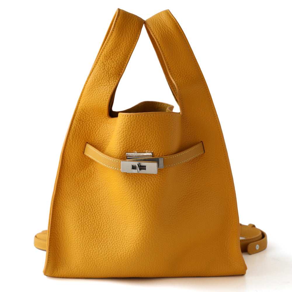 Sac panier en cuir de vachette, coloris jaune, vue frontale
