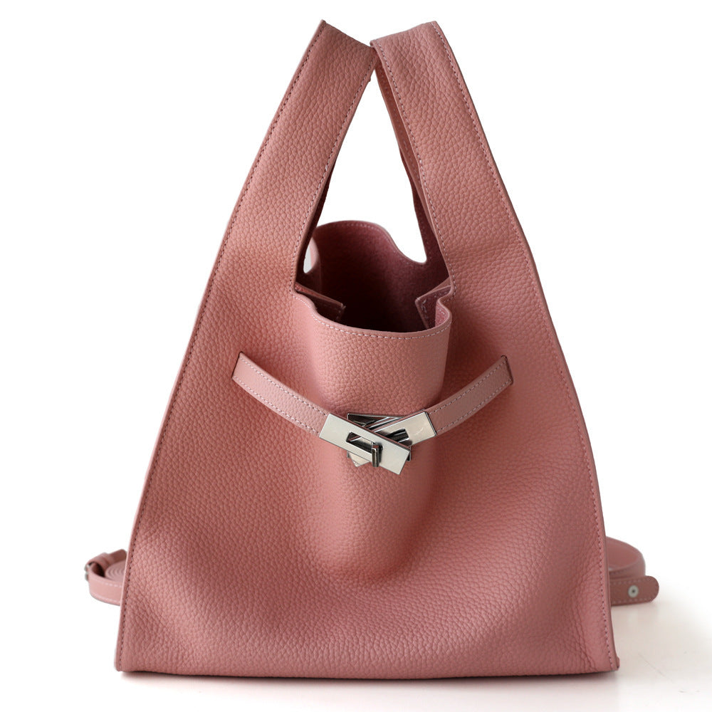 Sac panier en cuir de vachette, coloris rose , vue frontale