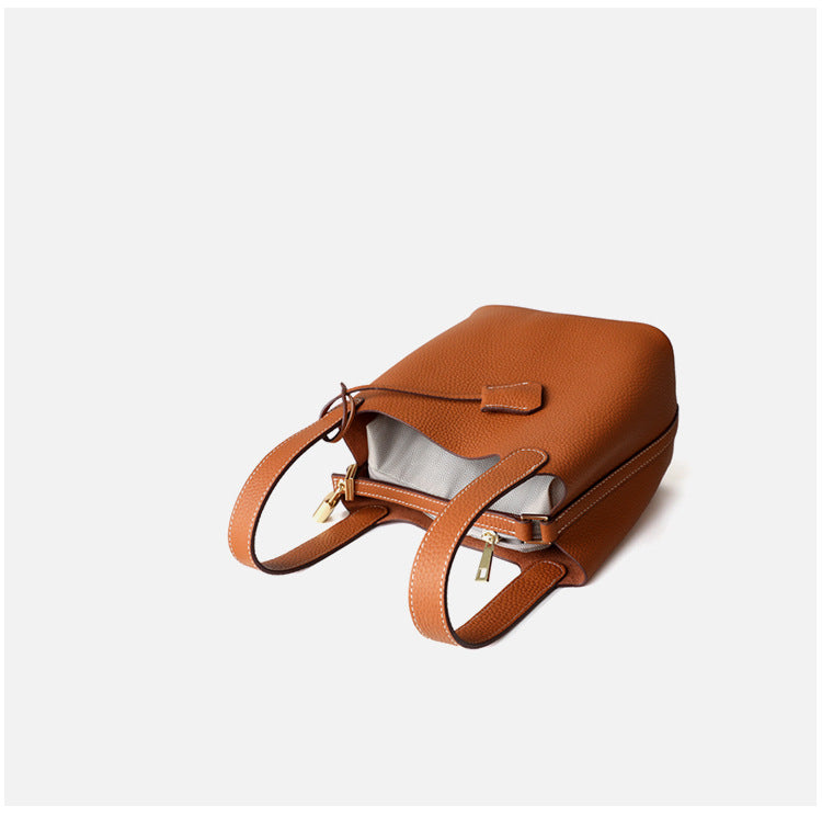 Sac seau en cuir véritable, grande capacité, coloris brun, vue  de ciel