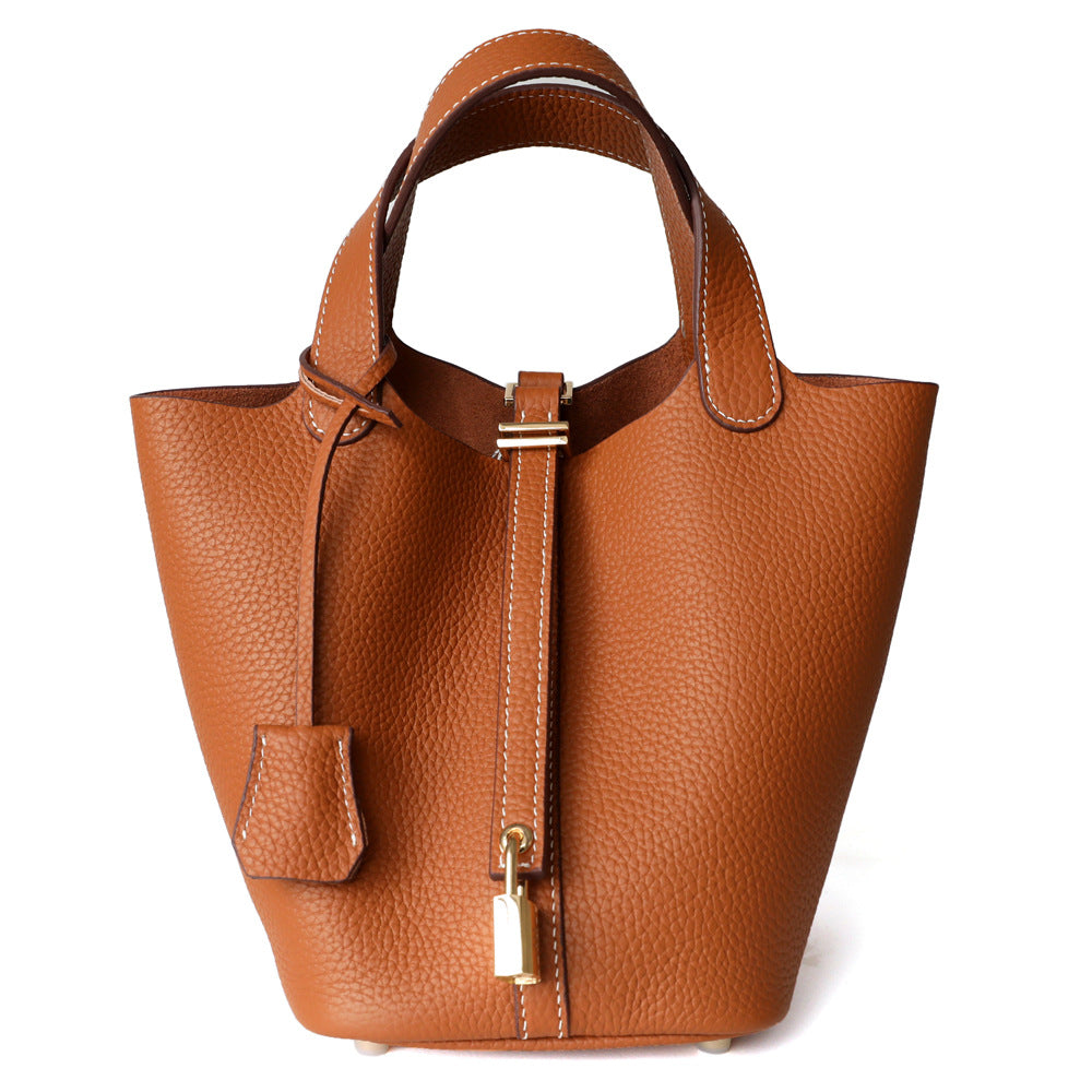 Sac seau en cuir véritable, grande capacité, coloris brun, vue frontale