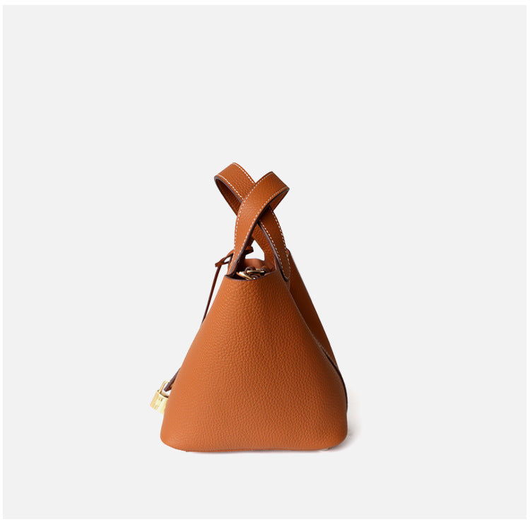 Sac seau en cuir véritable, grande capacité, coloris brun, vue latéral