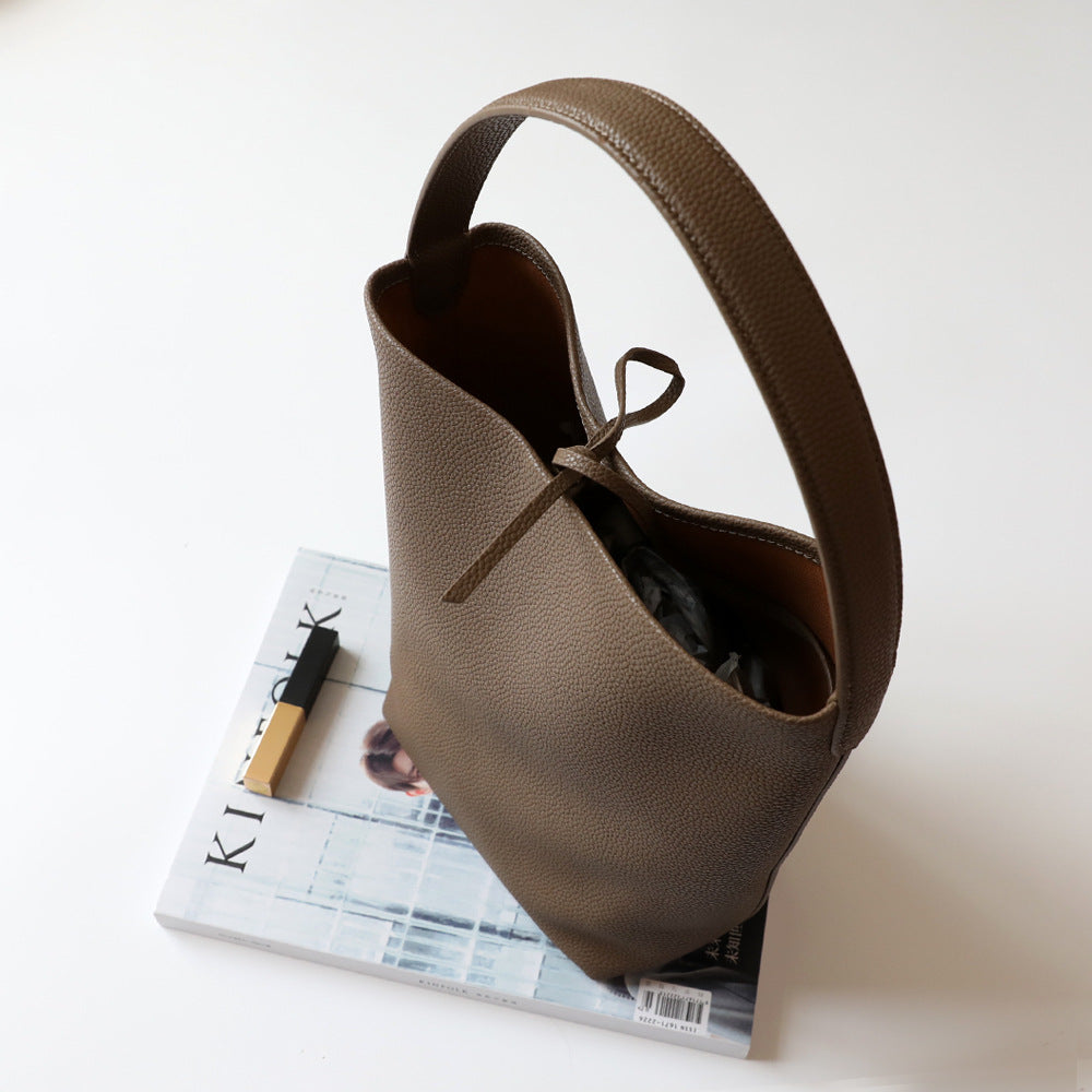 Sac seau en cuir véritable pour femme – Grande capacité, coloris brun foncé ,vue de ciel