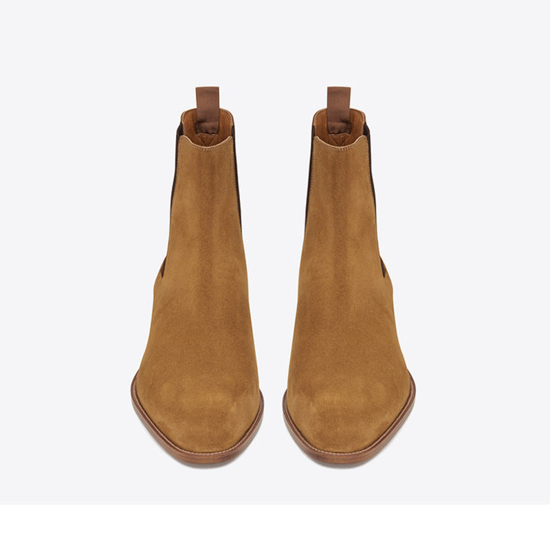 "Portofino" Bottes Chelsea en cuir nubuck véritable pleine fleur à talon carré et bout pointu