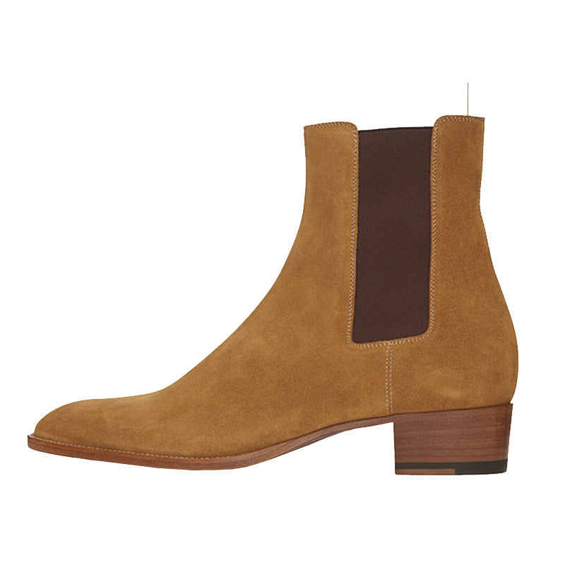 "Portofino" Bottes Chelsea en cuir nubuck véritable pleine fleur à talon carré et bout pointu
