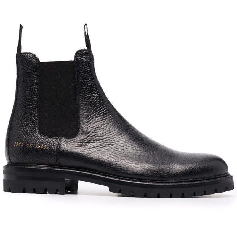 bottes chelsea noir en cuir véritable avec un bout rond et talon bas, vue de coté