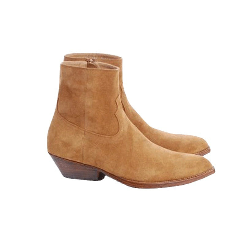 bottes santiag en daim, coloris marron, vue de coté.
