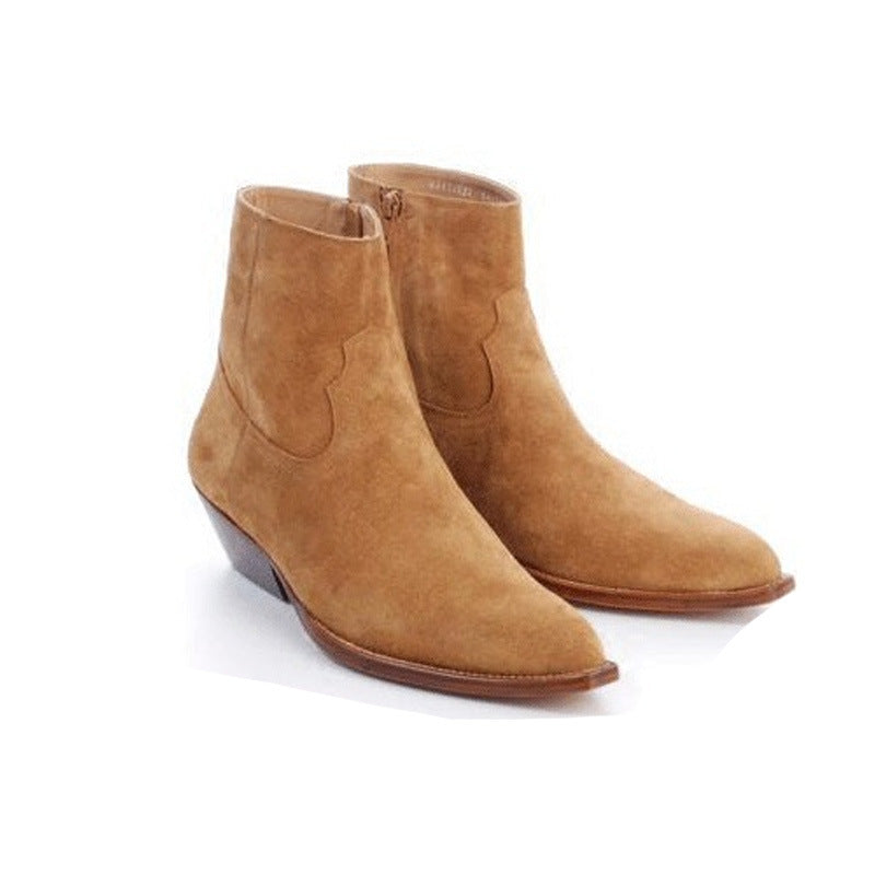 bottes santiag en daim, coloris marron, vue latéral de l'avant.